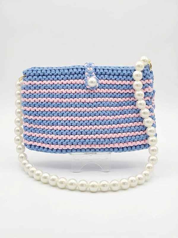Bolsa de tricô azul e rosa