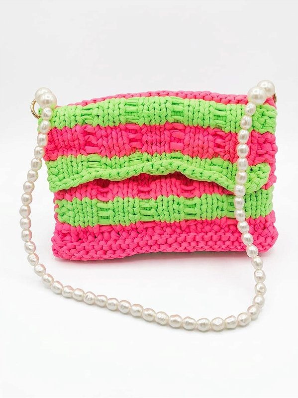 Bolsa de tricô verde e pink neon