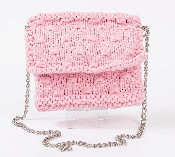 Bolsa de tricô rosa alça prata