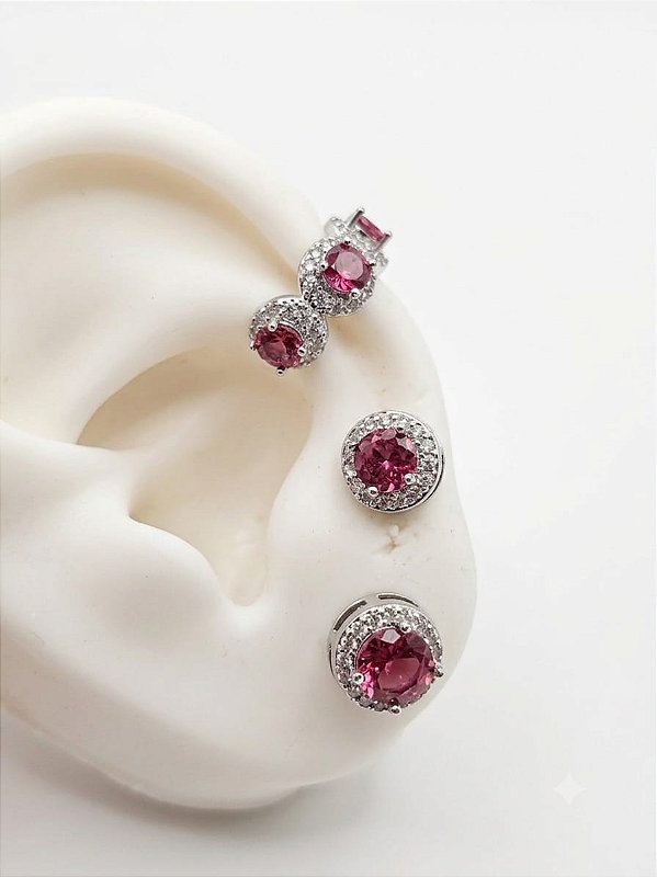 Conjunto brincos e piercing cereja