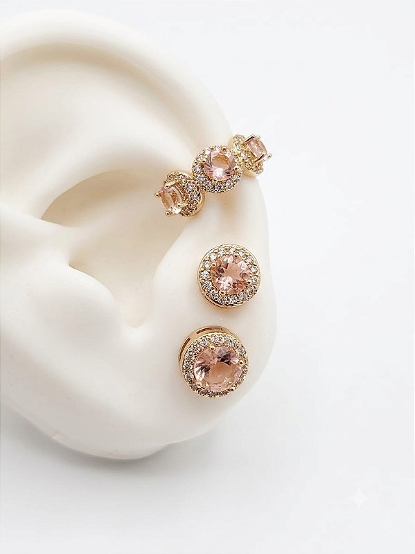 Conjunto brincos e piercing rosa claro