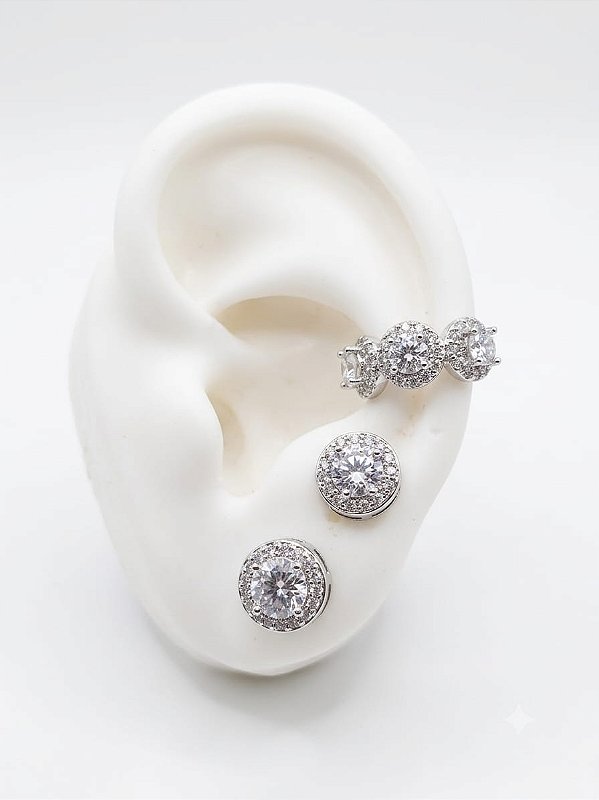 Conjunto brincos e piercing cristal prata