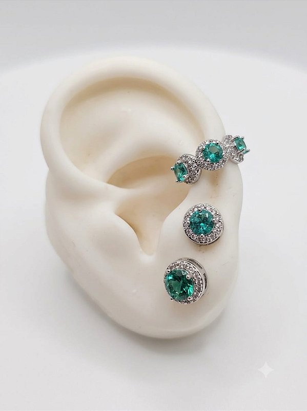 Conjunto brincos e piercing turquesa prata