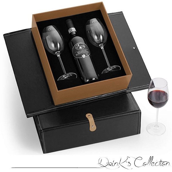 Kit vinho com caixa de MDF e revestimento em couro sintético.