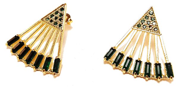 Brinco leque triangular com cristal verde