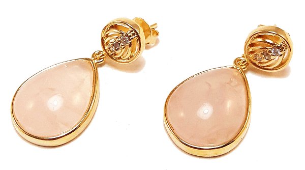 Brinco gota com quartzo rosa e zircônia