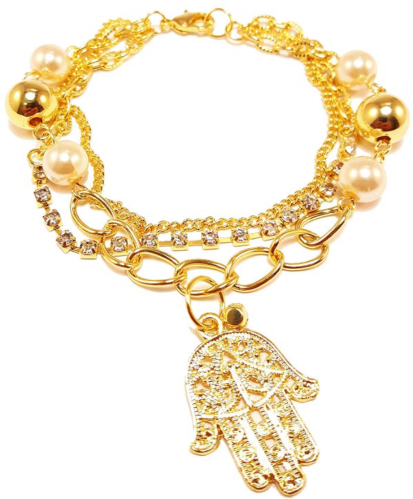 Pulseira de pérola e  Hamsá mão de Fátima