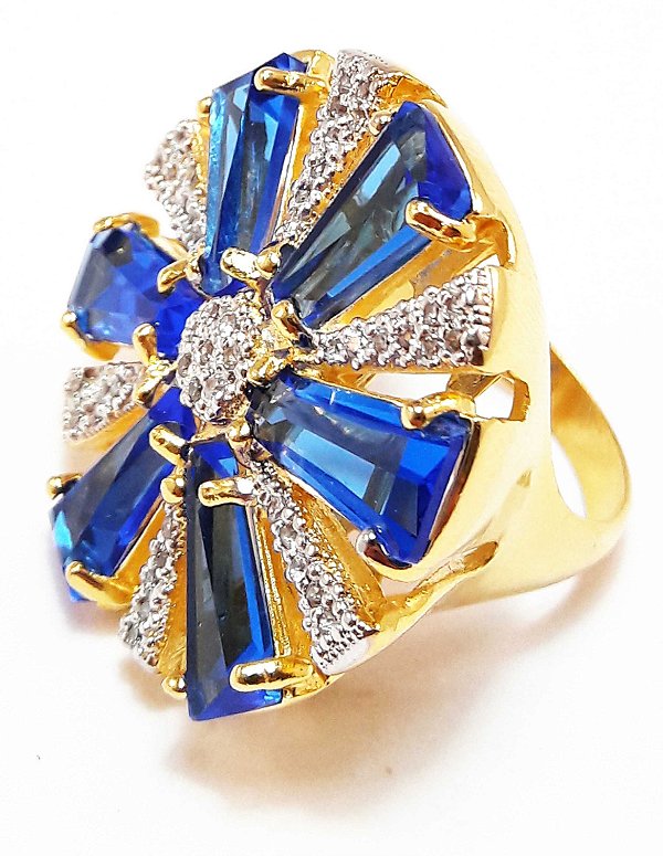 Anel flor com cristal azul e zircônia