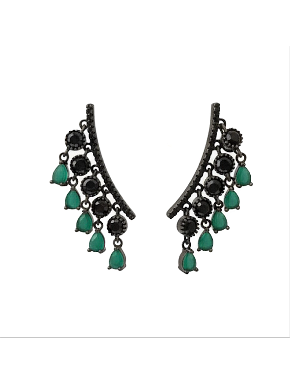 Brinco ear cuff verde no ródio negro