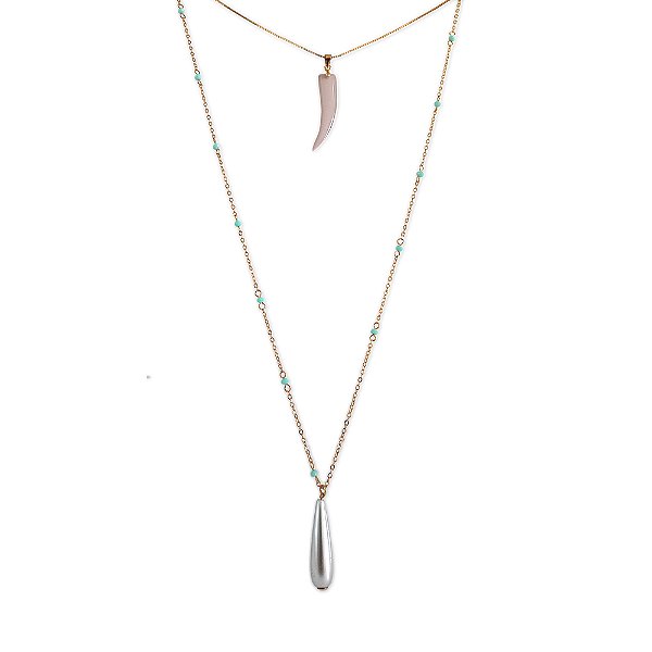 Colar Duplo Pérola e Dente de Sabre Ouro 18K