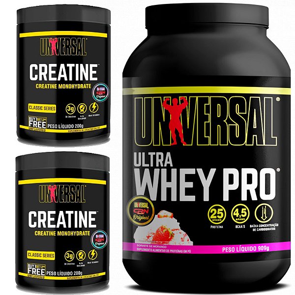 COMBO CREATINA 400G + ULTRA WHEY PRO 900G MORANGO - UNIVERSAL NUTRITION