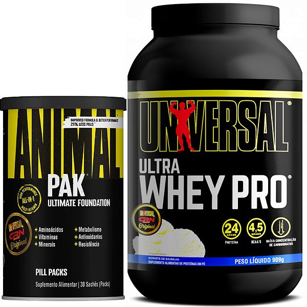 COMBO ANIMAL PAK 30 PACKS + ULTRA WHEY PRO 900G BAUNILHA - UNIVERSAL NUTRITION