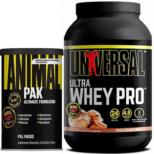 COMBO ANIMAL PAK 30 PACKS + ULTRA WHEY PRO 900G CHOCOLATE - UNIVERSAL NUTRITION
