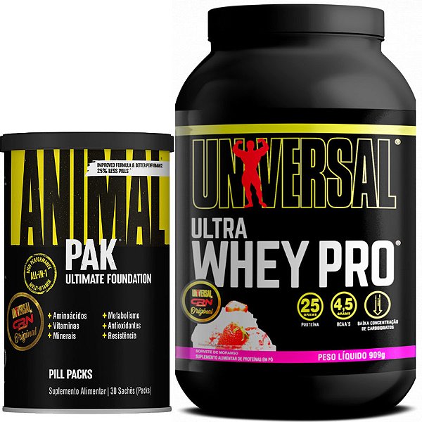 COMBO ANIMAL PAK 30 PACKS + ULTRA WHEY PRO 900G MORANGO - UNIVERSAL NUTRITION