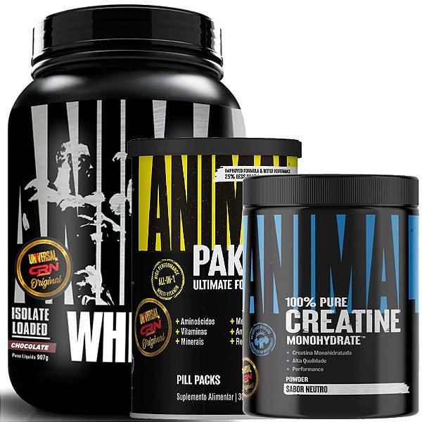 COMBO ANIMAL WHEY CHOCOLATE 907G + ANIMAL PAK - 30 PACKS + CREATINE 500G
