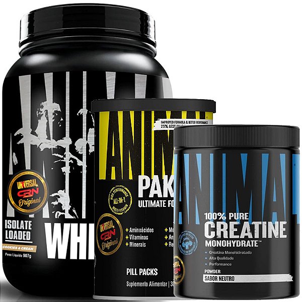 COMBO ANIMAL WHEY COOKIES AND CREAM 907G + ANIMAL PAK - 30 PACKS + CREATINE 500G