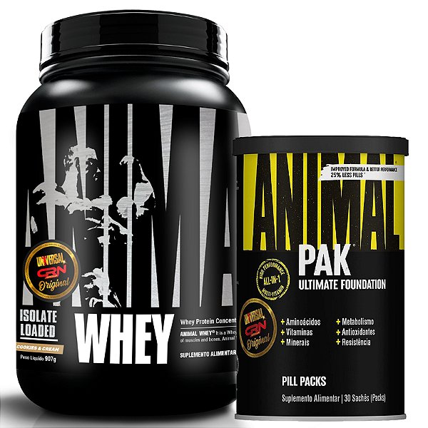 COMBO ANIMAL PAK 30 PACKS + ANIMAL WHEY COOKIES AND CREAM - 907G  UNIVERSAL NUTRITION