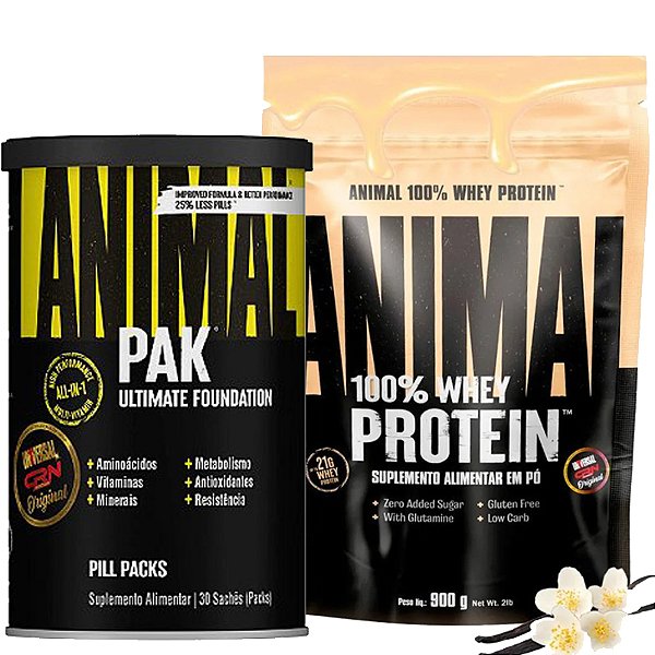 COMBO ANIMAL PAK 30 PACKS + ANIMAL 100% WHEY 900G BAUNILHA
