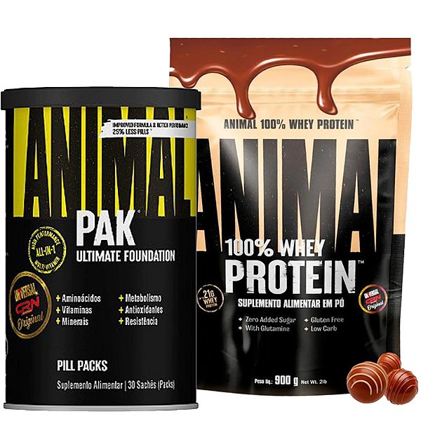 COMBO ANIMAL PAK 30 PACKS + ANIMAL 100% WHEY 900G CHOCOLATE TRUFADO