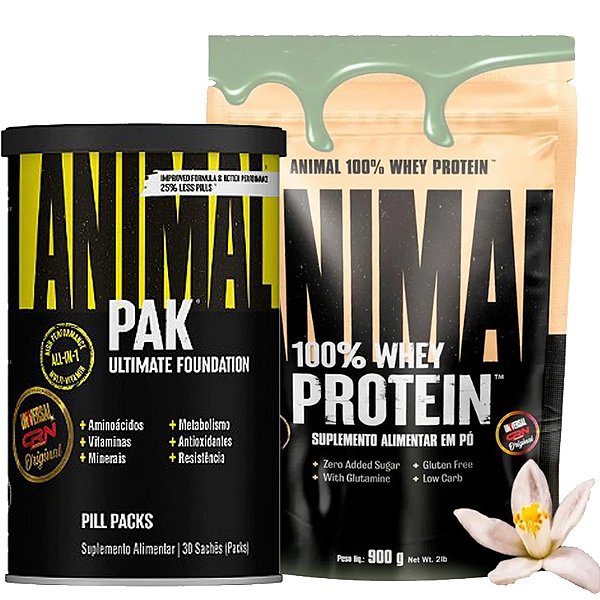 COMBO ANIMAL PAK 30 PACKS + ANIMAL 100% WHEY 900G SORVETE DE PISTACHE