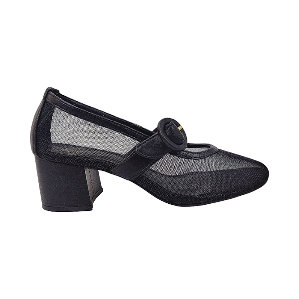 Scarpin Preto Tela Mary Jane Salto Bloco - Tam. 30, 31, 32 e 33