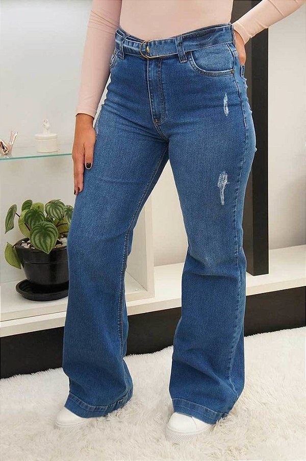 Calça jeans wide leg com cinto 29822 Revanche