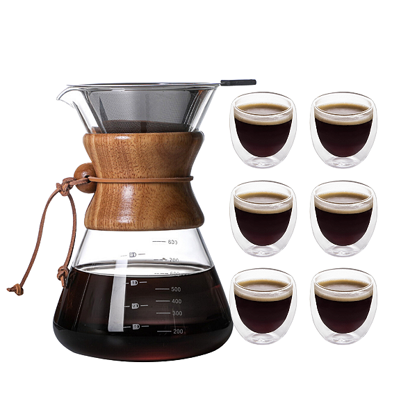 Kit Barista Cafeteira Manual Filtro Inox + Jogo de 6 Copos Parede Dupla