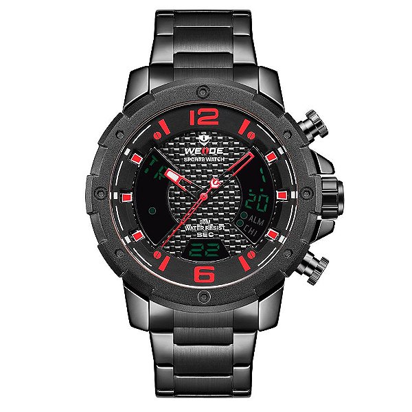 Relógio Masculino Weide AnaDigi WH8504B Preto e Vermelho