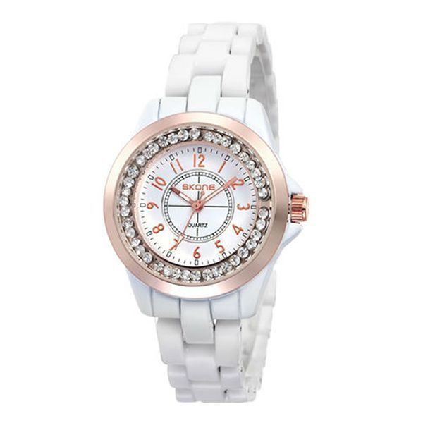 Relógio Feminino Skone Analógico Casual  7218L Branco e Bronze