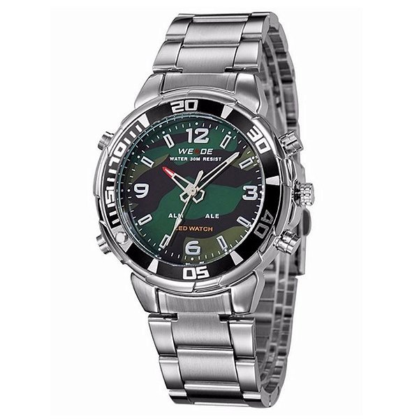 Relógio Masculino Weide AnaDigi WH-843 - Prata e Camuflado