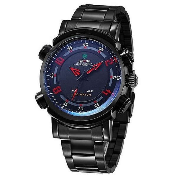 Relógio Masculino Weide AnaDigi WH-1101 - Preto, Azul e Vermelho