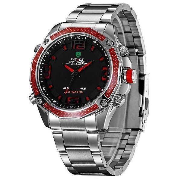 Relógio Masculino Weide AnaDigi WH-2306 - Prata e Vermelho