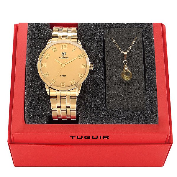 Kit Relógio Feminino Tuguir Analógico 2122 Dourado com Brinde