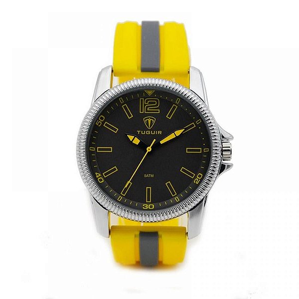 Relógio Masculino Tuguir Analógico 5017 - Amarelo, Cinza e Prata