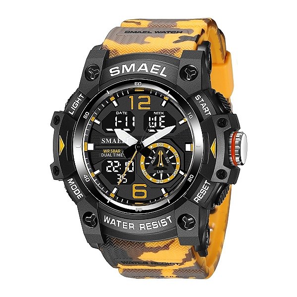Relógio Masculino Smael AnaDigi 8007 Laranja Camuflado e Preto