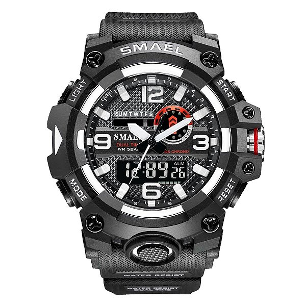Relógio Masculino Esportivo Smael AnaDigi 8035 Preto e Branco 5ATM