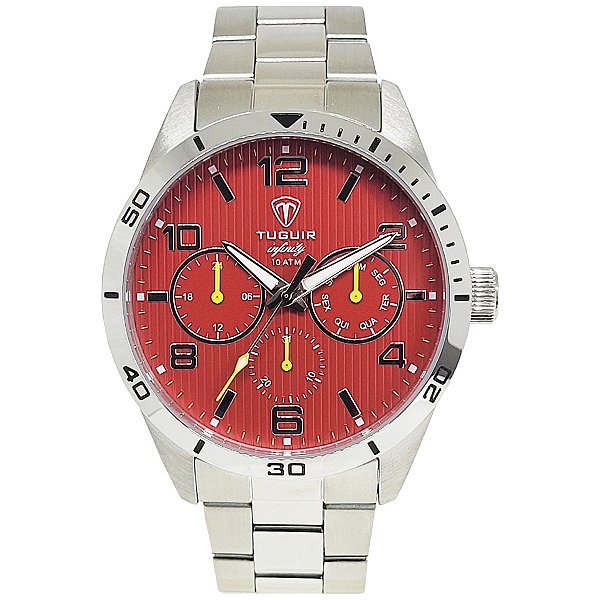 Relógio Masculino de Aço MultiFunção Tuguir Analógico Infinity TGI37057 Prata e Vermelho