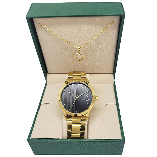 Kit Relógio Feminino Tuguir Analógico TG35094 TG226 Dourado e Preto com Brinde