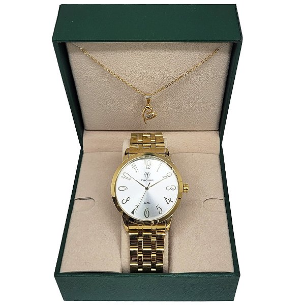Relógio Feminino Tuguir Analógico TG35102 TG225 Dourado e Branco Pérola