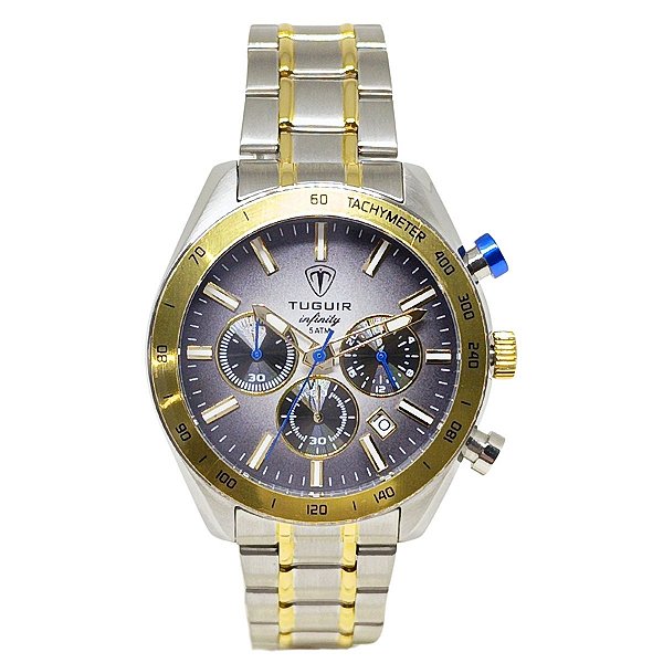Relógio Cronógrafo Masculino de Aço Tuguir Analógico Infinity 23-2231 Prata e Dourado