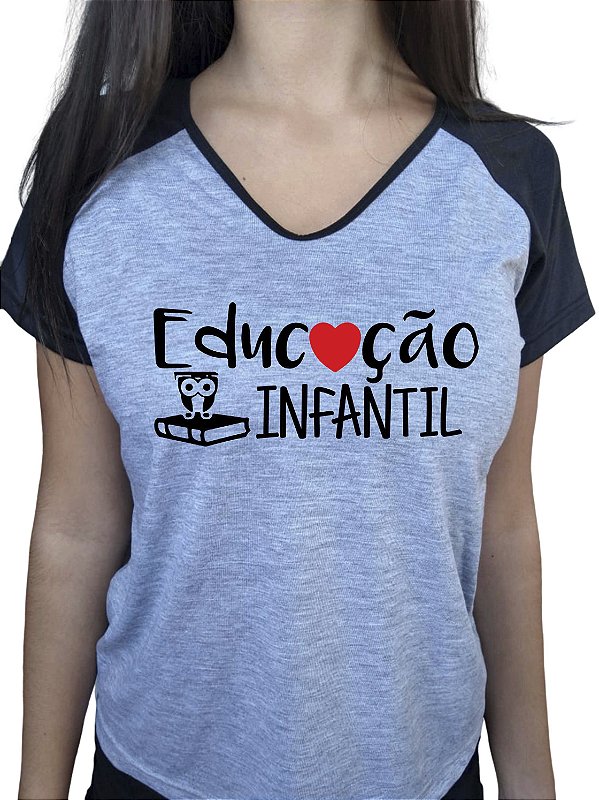 Camiseta Baby Look Cinza Mescla Raglan Educação Infantil