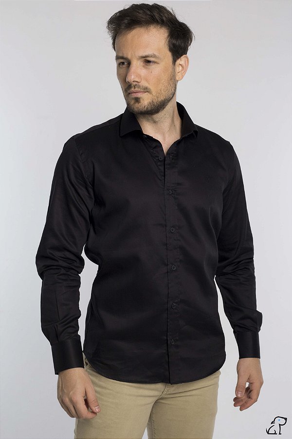 Camisa Masculina Slim Manga Longa Preta - Victor Mancini Moda Masculina