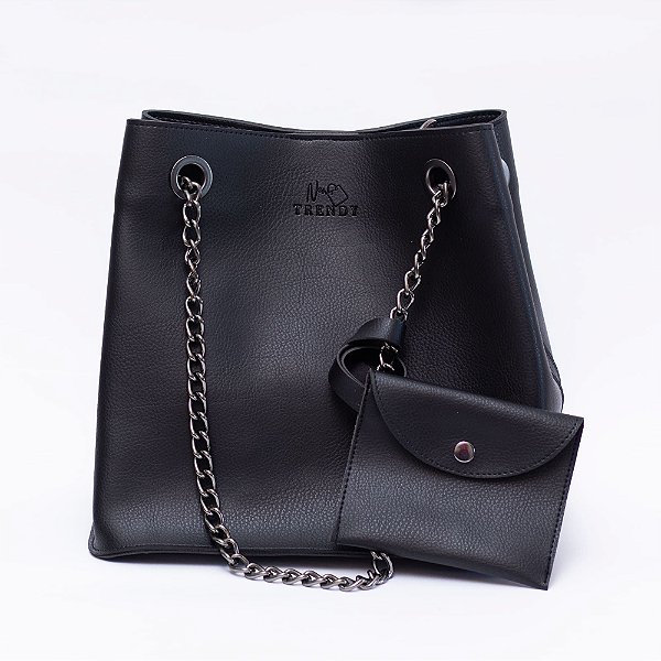 Bolsa Feminina Corrente Grande Tote/ Saco Preta + Carteira