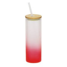 Copo de Vidro Jateado Degradê Vermelho 500ml Para Sublimação Tampa de Bambu