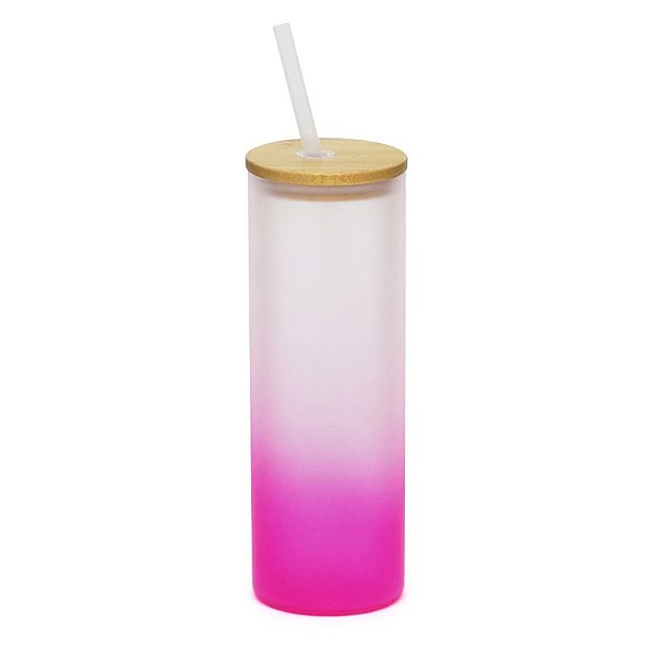 Copo de Vidro Jateado Degradê Rosa 500ml Para Sublimação Tampa de Bambu
