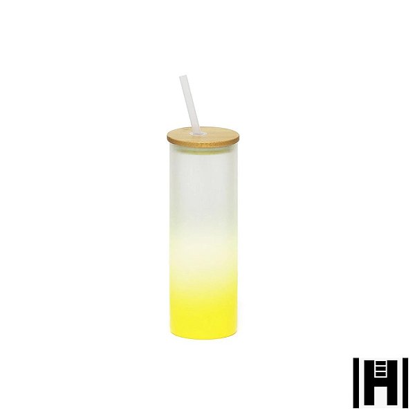 Copo de Vidro Jateado Degradê Amarelo 500ml Para Sublimação Tampa de Bambu