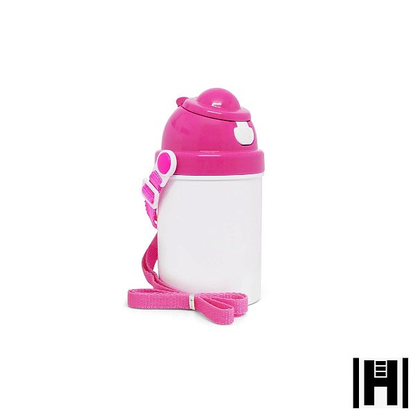 Garrafa de Polímero Branco com Tampa e Botão Abertura  na cor Rosa