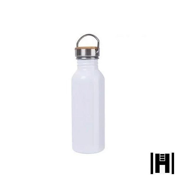 GARRAFA AÇO INOX TAMPA BAMBU - TÉRMICA BRANCA 600 ML