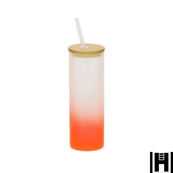 Copo de Vidro Jateado Degradê Laranja 500ml Para Sublimação Tampa de Bambu