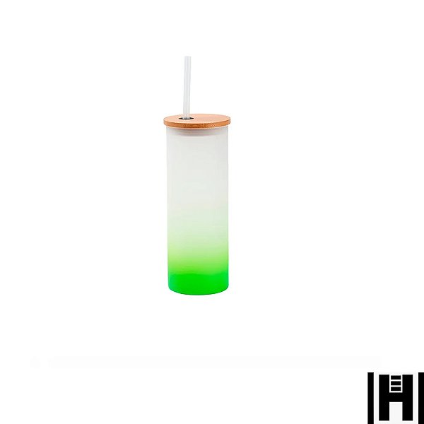 Copo de Vidro Jateado Degradê Verde 500ml Para Sublimação Tampa de Bambu